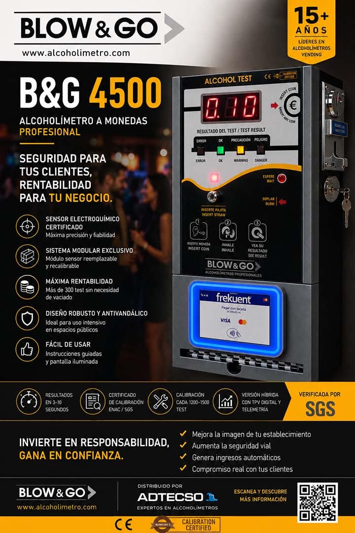 Alcoholímetro a Monedas Blow & Go CDP 4500 con sensor certificado