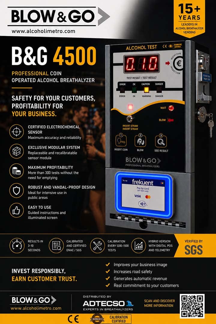 Alcoholímetro a Monedas Blow & Go CDP 4500 con sensor certificado