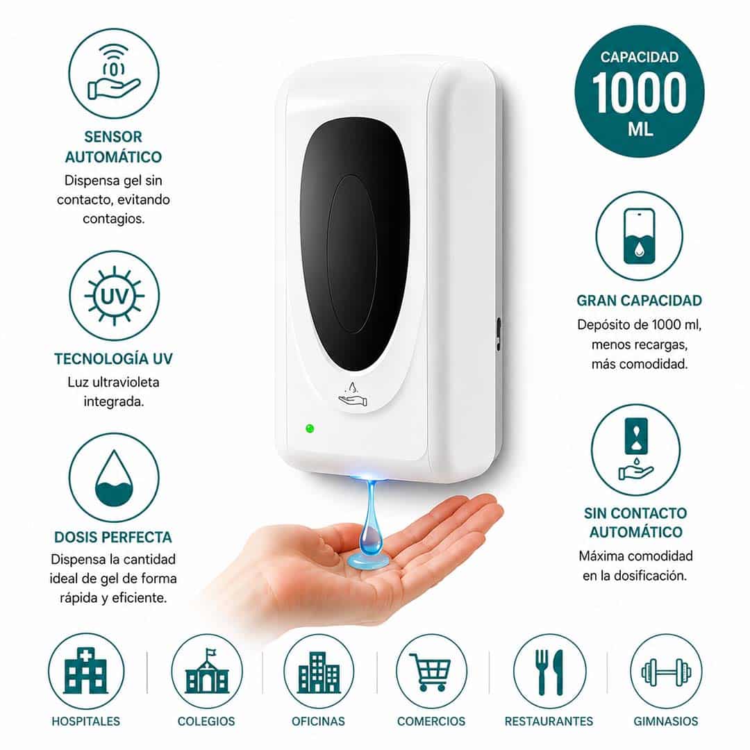 Dispensador Automático de Gel para Manos 1000 ml con Sensor Infrarrojo y Luz UV Integrada
