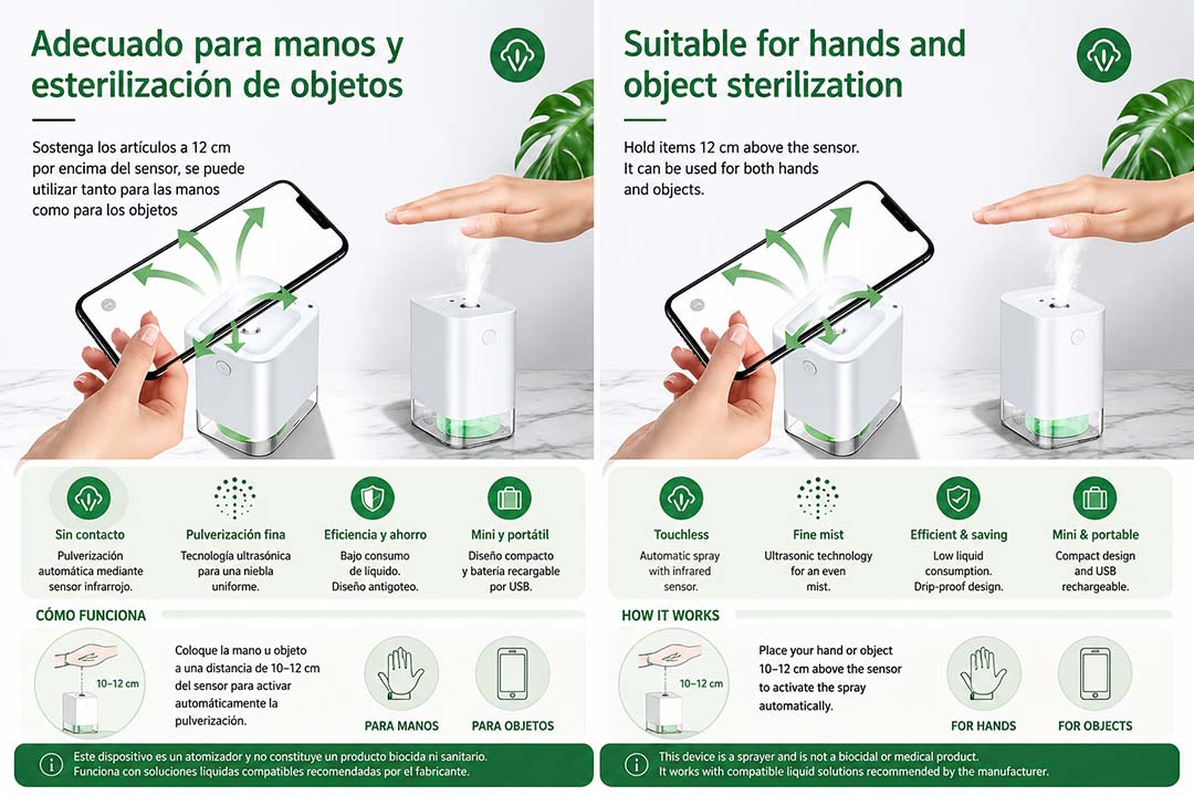 Atomizador ultrasónico recargable con sensor automático para manos y objetos