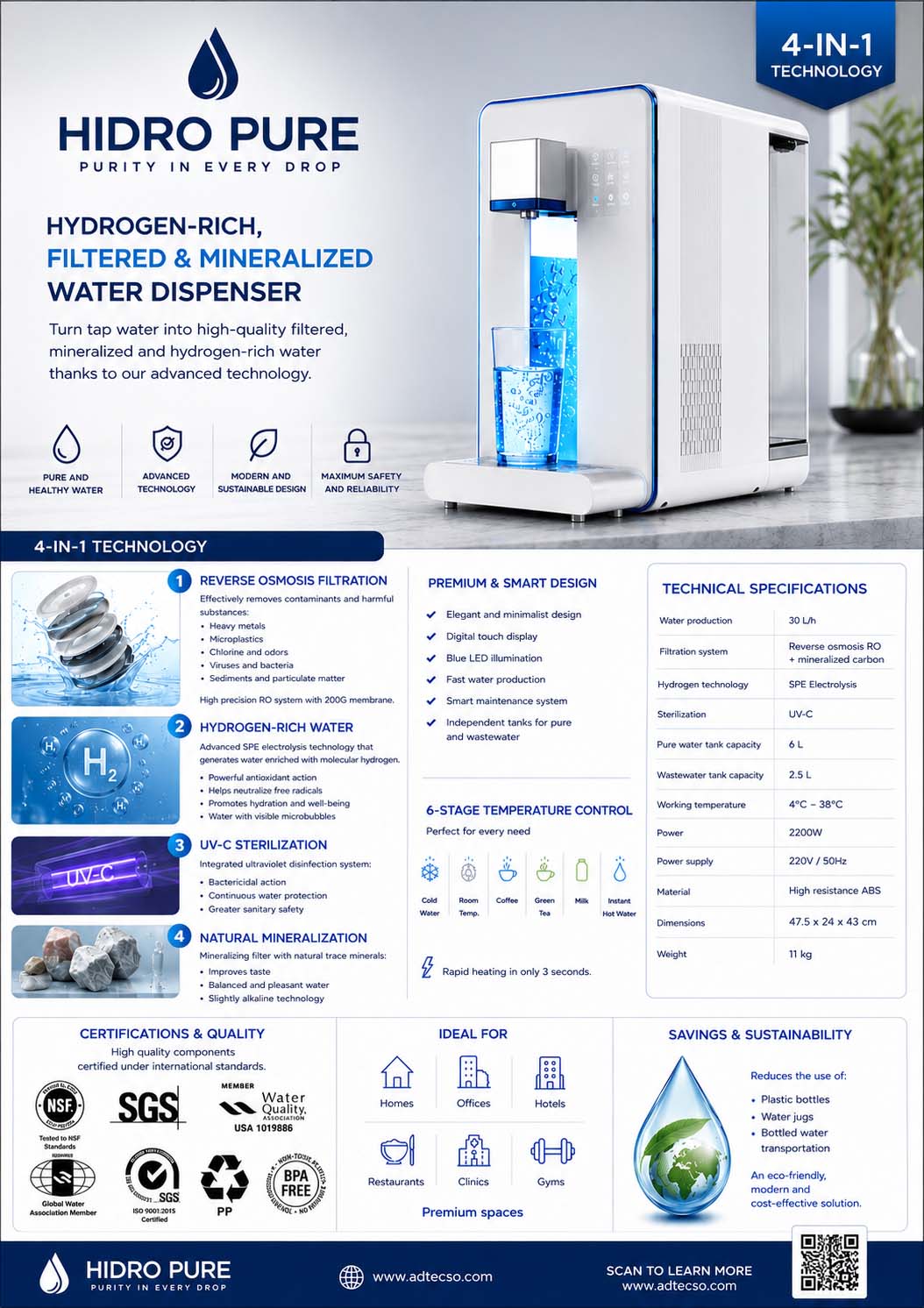Dispensador de agua hidrogenada, filtrada y mineralizada CDPAHFM1
