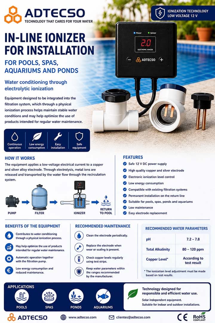 Ionizador de instalacion para piscinas spas acuarios y estanques