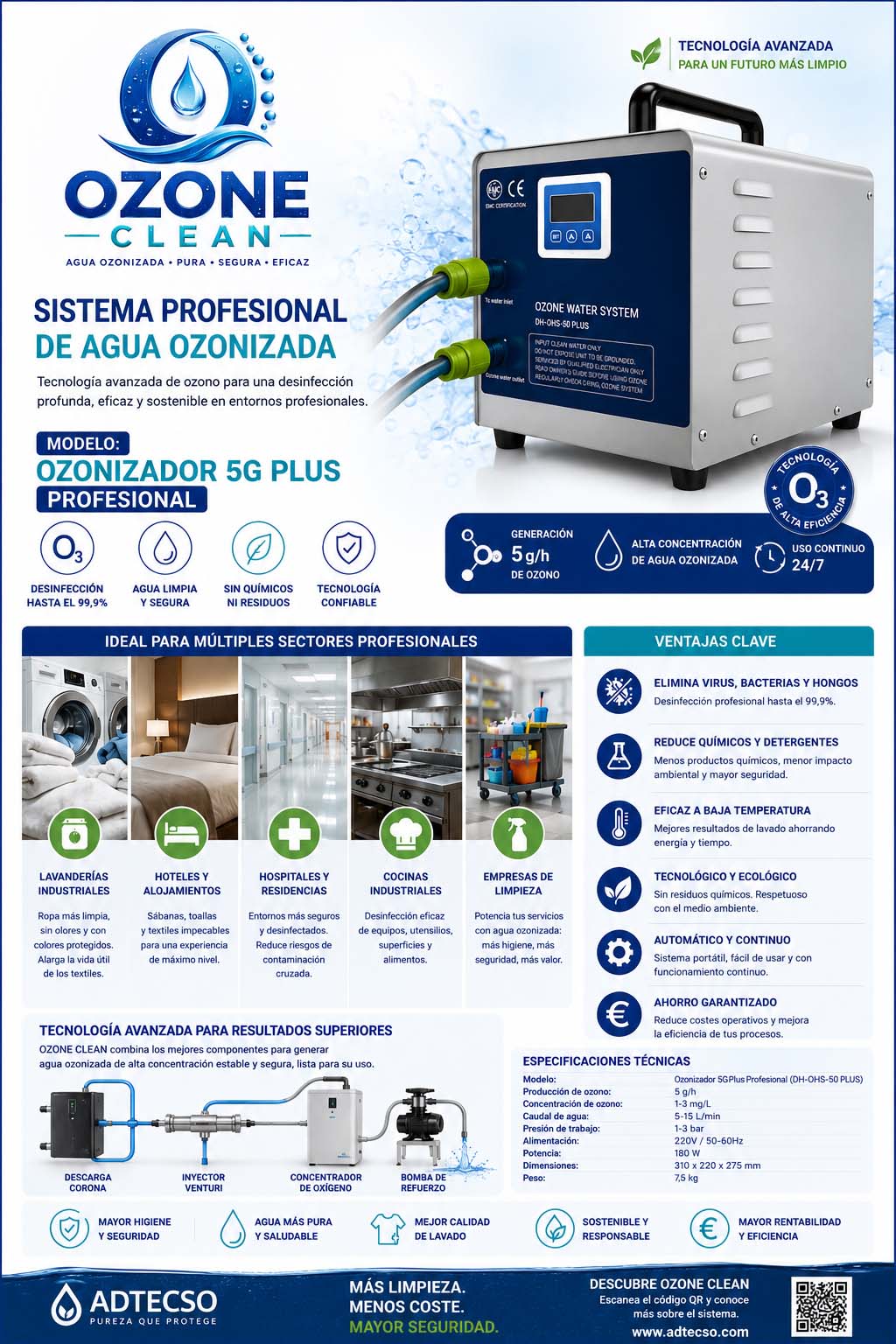 Ozonizador de agua portátil 5G para desinfeccion y esterilizacion profesional Ozone-Clean