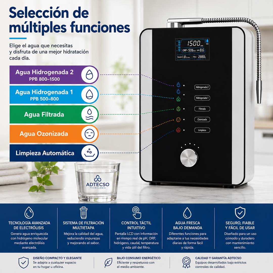 Dispensador de agua Hidrogenada, alcalina y ozonizada HIDROPURE H2. AT-H808D