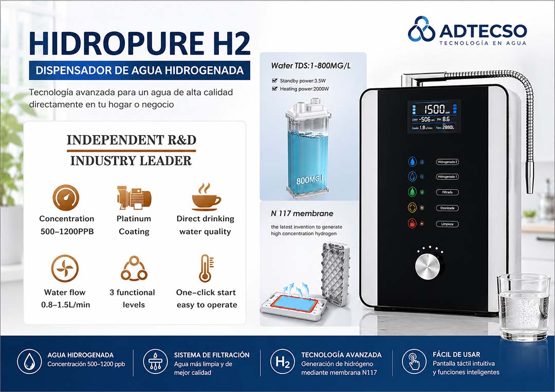 Dispensador de agua Hidrogenada, alcalina y ozonizada HIDROPURE H2. AT-H808D