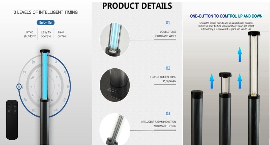 Lámpara UV-C de esterilización y purificación AT-UVC 120-200W transportable
