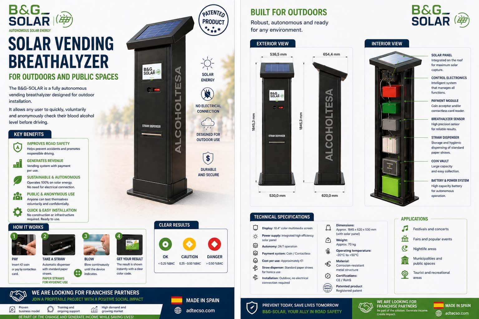 Alcoholímetro vending autónomo con placas solares para exteriores B&G-SOLAR