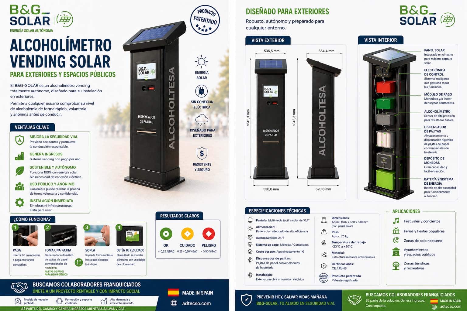Alcoholímetro vending autónomo con placas solares para exteriores B&G-SOLAR
