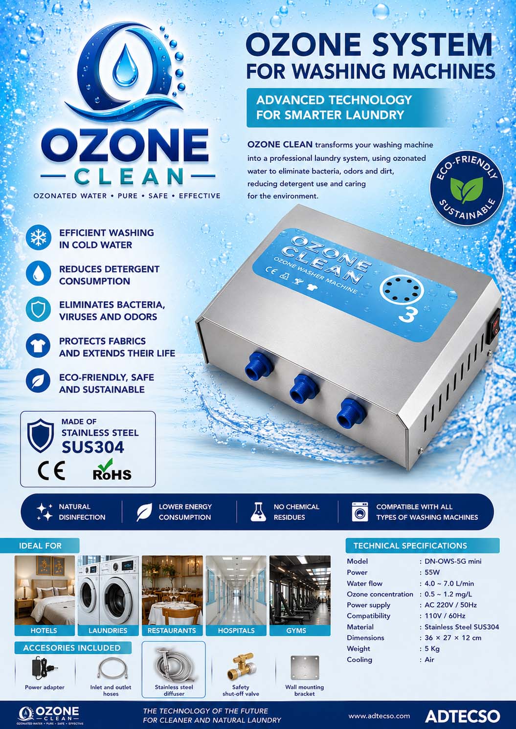 Sistema de ozono para lavadoras Ozone- Clean Stainless Steel SUS304