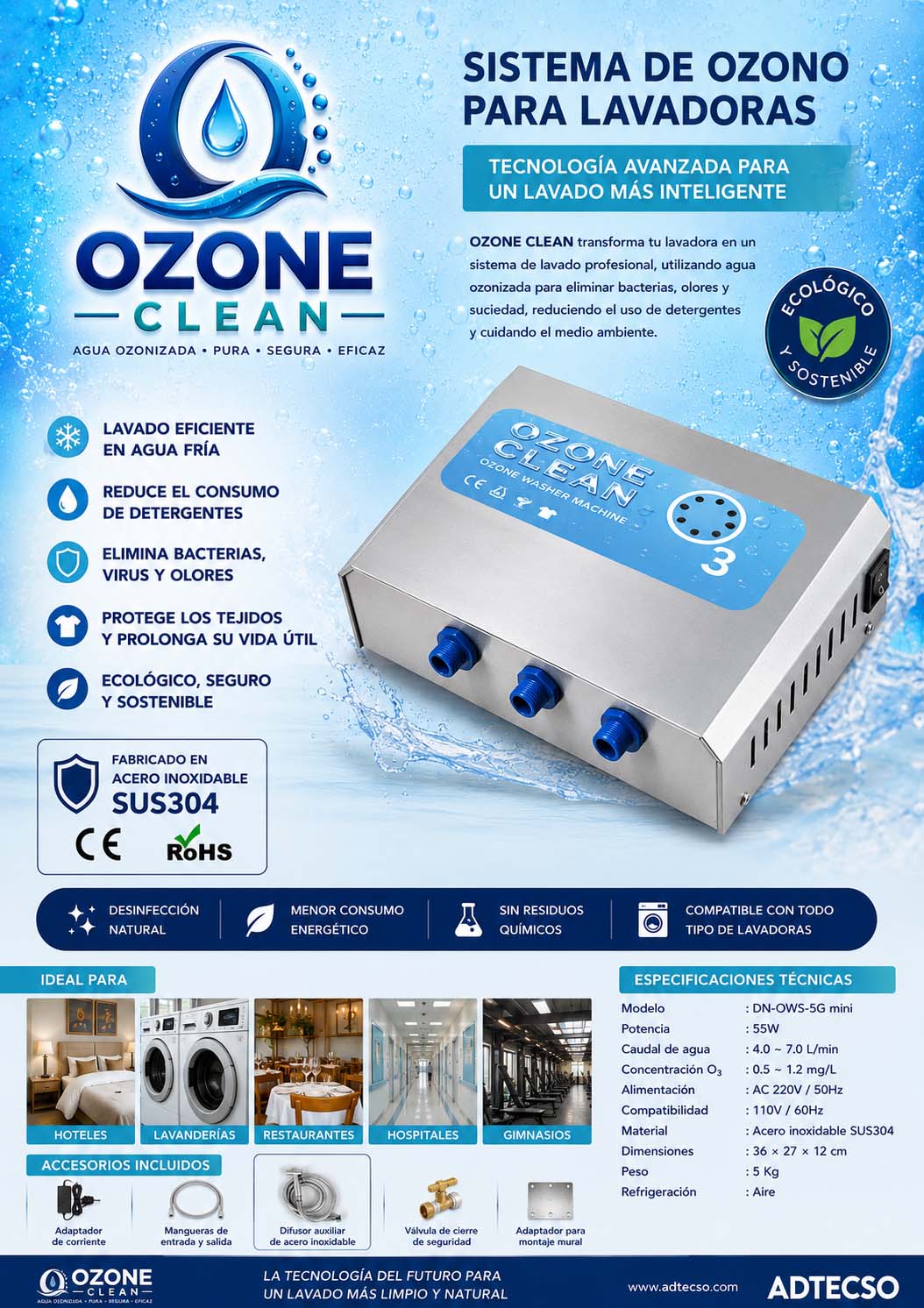 Sistema de ozono para lavadoras Ozone- Clean Stainless Steel SUS304