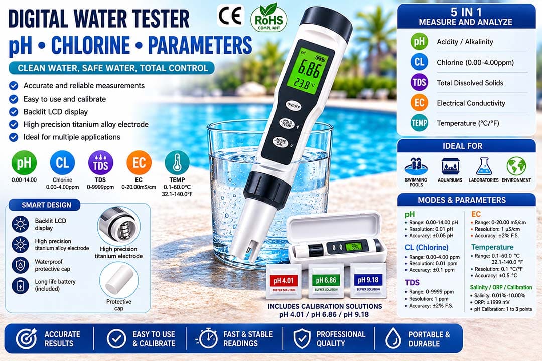 Medidor Digital Multiparámetro para Análisis de Agua 6 en 1. Temperatura, pH, Cloro Libre, TDS, Conductividad (EC)