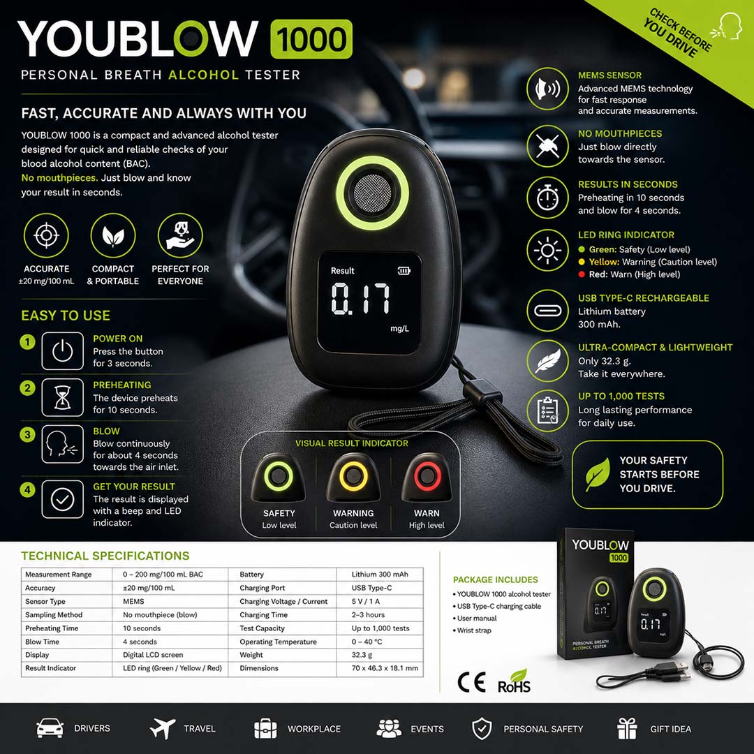 Alcoholimetro Personal YOUBLOW 1000 Portatil sin boquilla y recargable USB-C