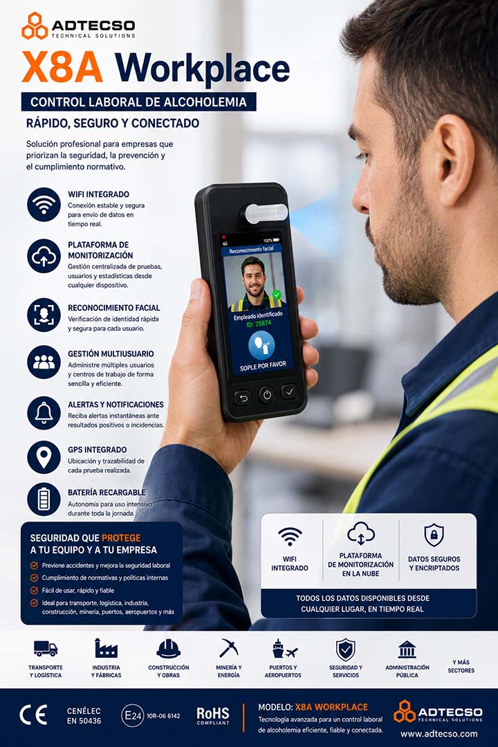 Alcoholímetro profesional Cloud 4G para control laboral de alcoholemia X8A