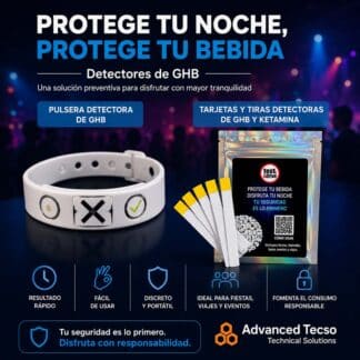 Detector de GHB y Ketamina para Bebidas; Pulseras y Tiras Reactivas