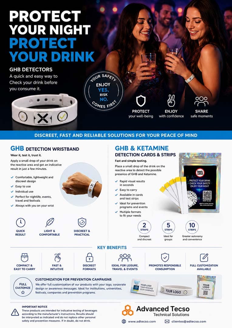 Detector de GHB y Ketamina para Bebidas; Pulseras y Tiras Reactivas