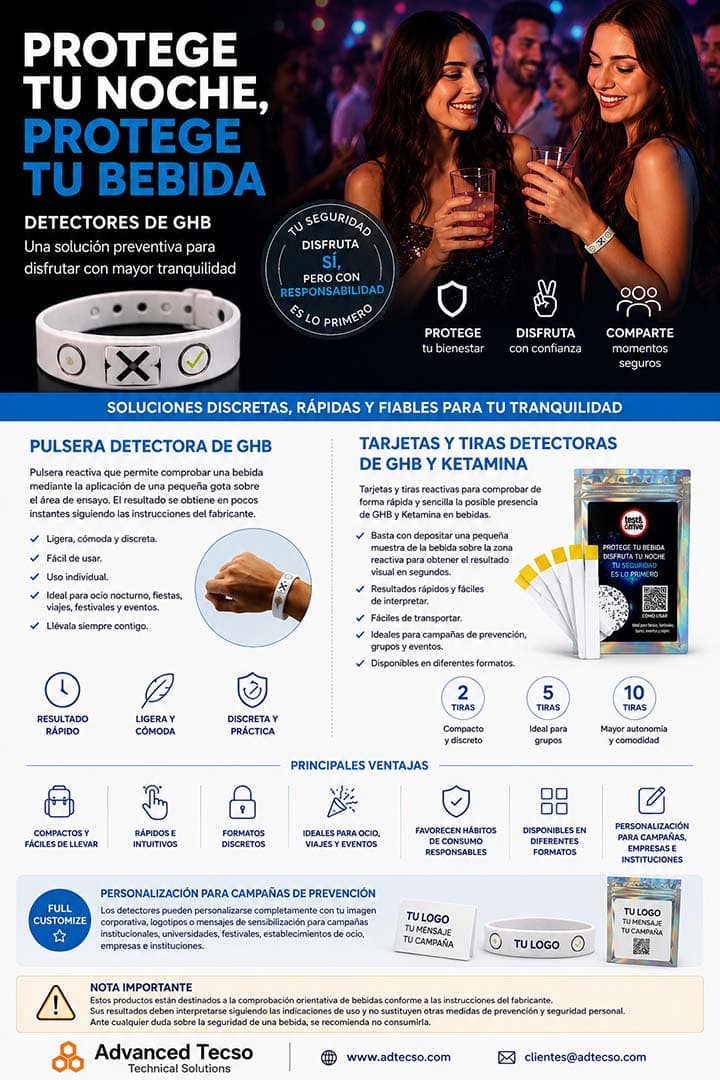 Detector de GHB y Ketamina para Bebidas; Pulseras y Tiras Reactivas