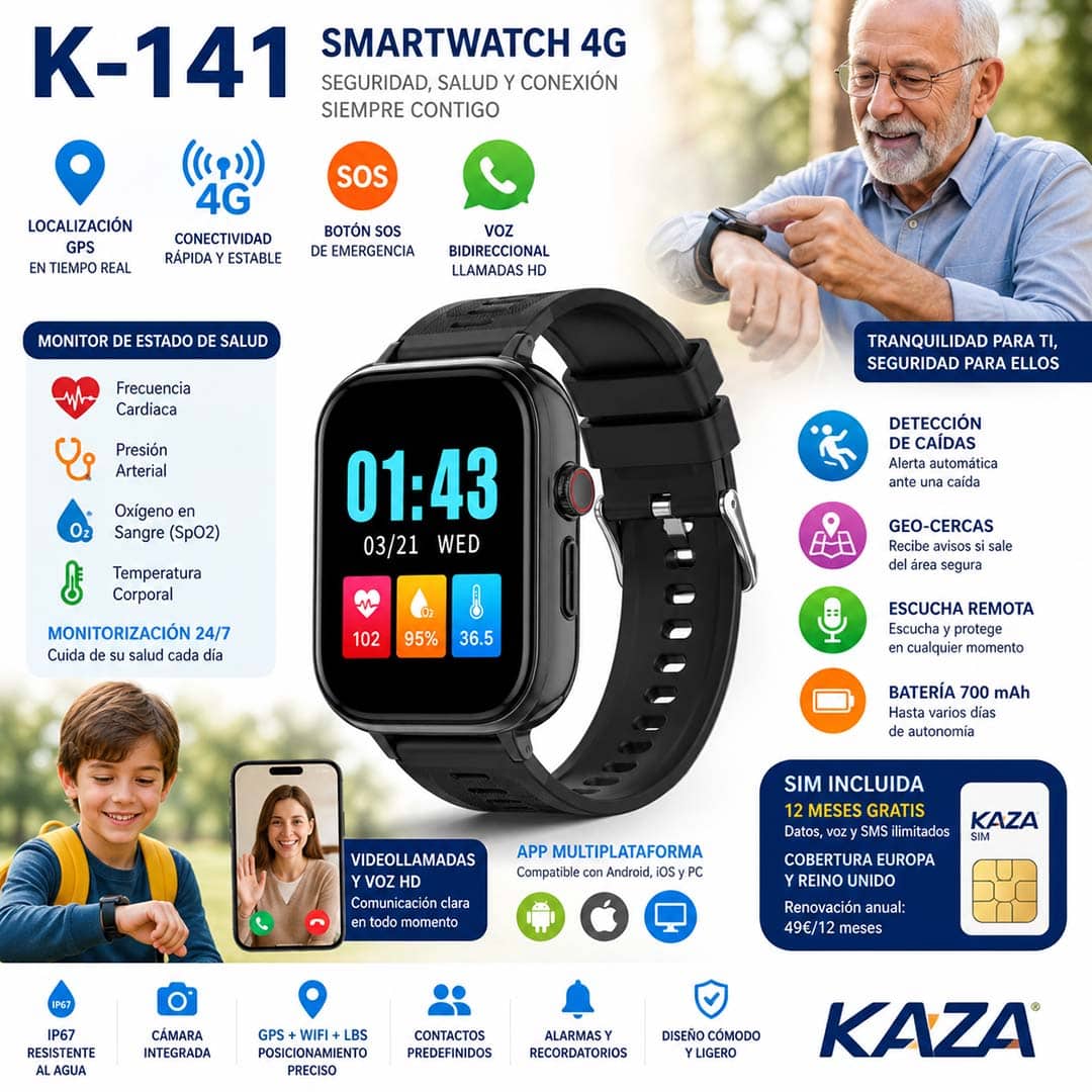 Smartwatch K-141 4G con localizacion GPS, monitor de estado de salud, SOS y voz bidireccional